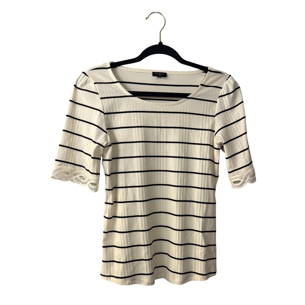 Talbots Cream Black Strip Lace Trim Top MP Quiet Luxury Preppy Academical French